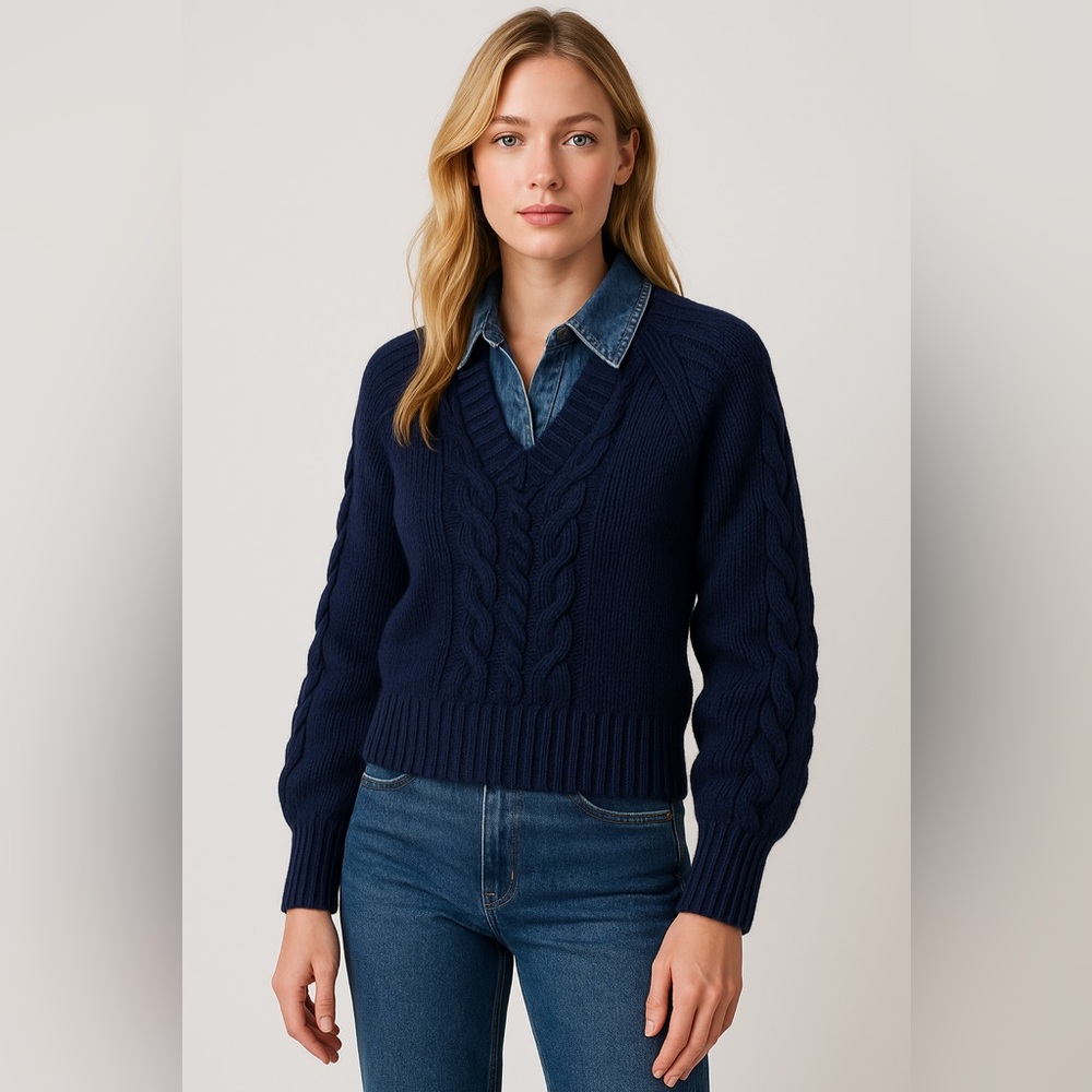 Commense Cable Knit Navy Blue V-Neck Sweater Collared Casual Classic Pullover M